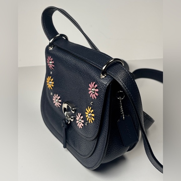 Coach Navy Blue Rami Leather Rami Saddle Crossbody. Floral Accents & studs. - Picture 2 of 9